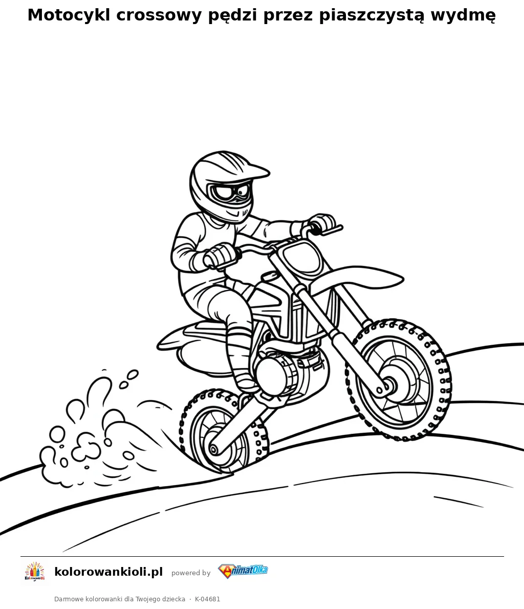 Motocykl crossowy pędzi przez piaszczystą wydmę — kolorowanka do wydruku dla dzieci