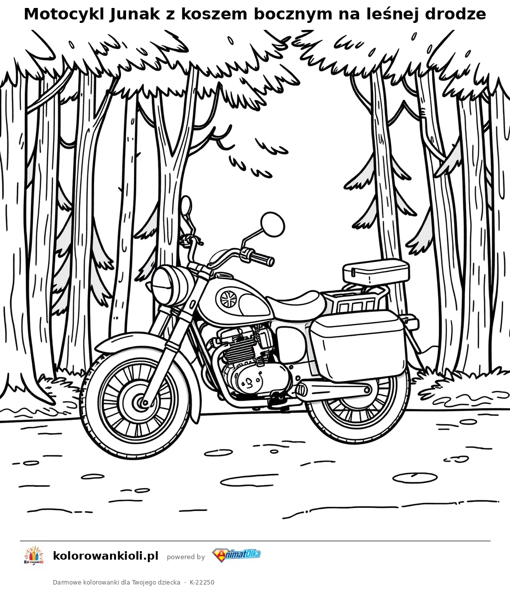Motocykl Junak z koszem bocznym na leśnej drodze — kolorowanka do wydruku dla dzieci