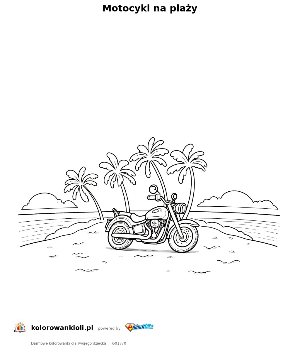 Motocykl na plaży — kolorowanka do wydruku dla dzieci