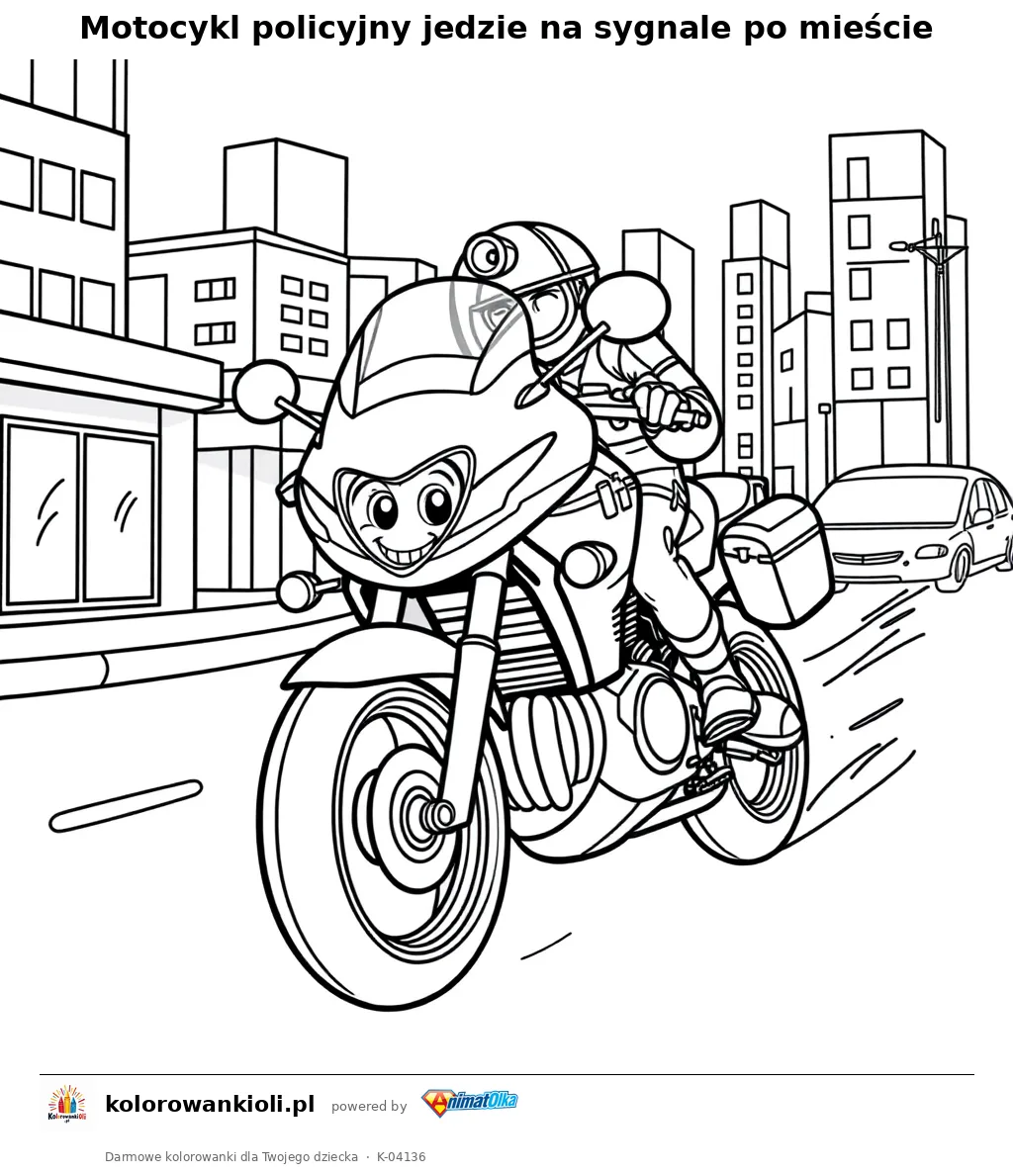 Motocykl policyjny jedzie na sygnale po mieście — kolorowanka do wydruku dla dzieci