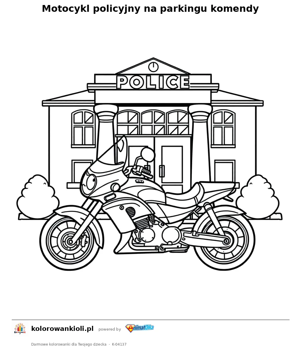 Motocykl policyjny na parkingu komendy — kolorowanka do wydruku dla dzieci