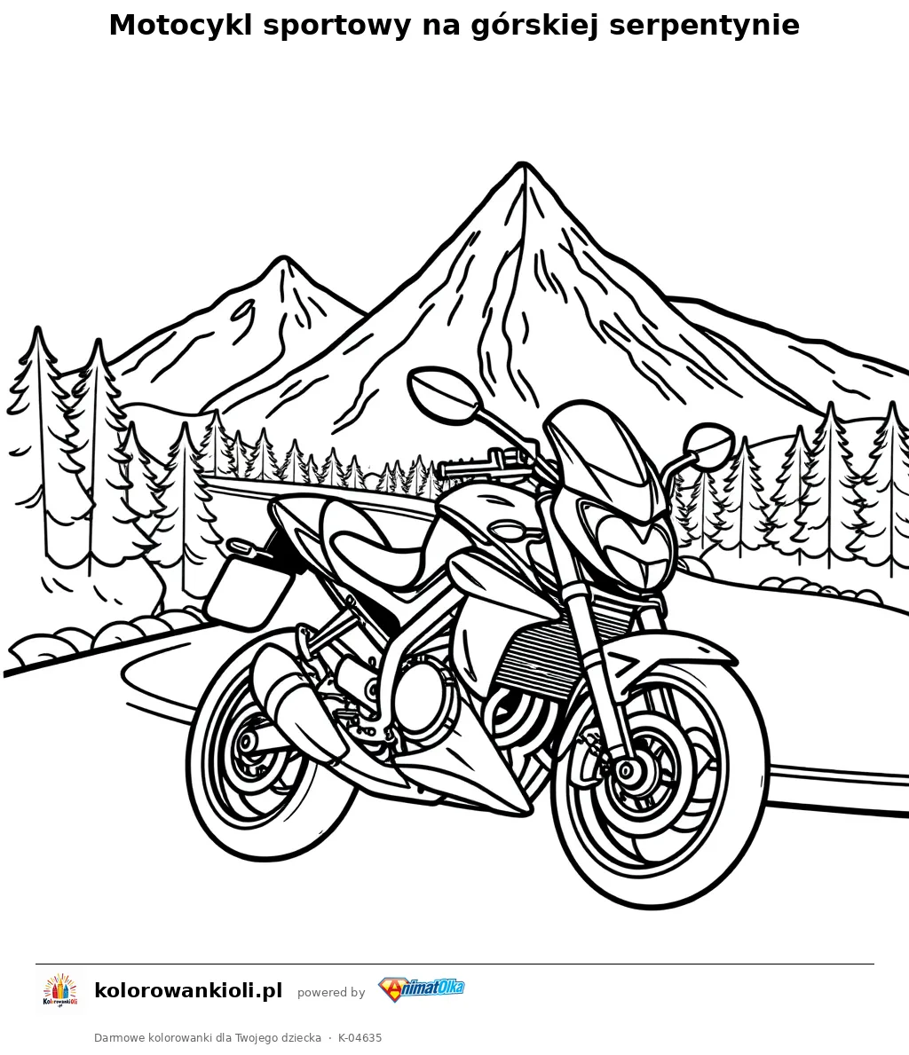 Motocykl sportowy na górskiej serpentynie — kolorowanka do wydruku dla dzieci