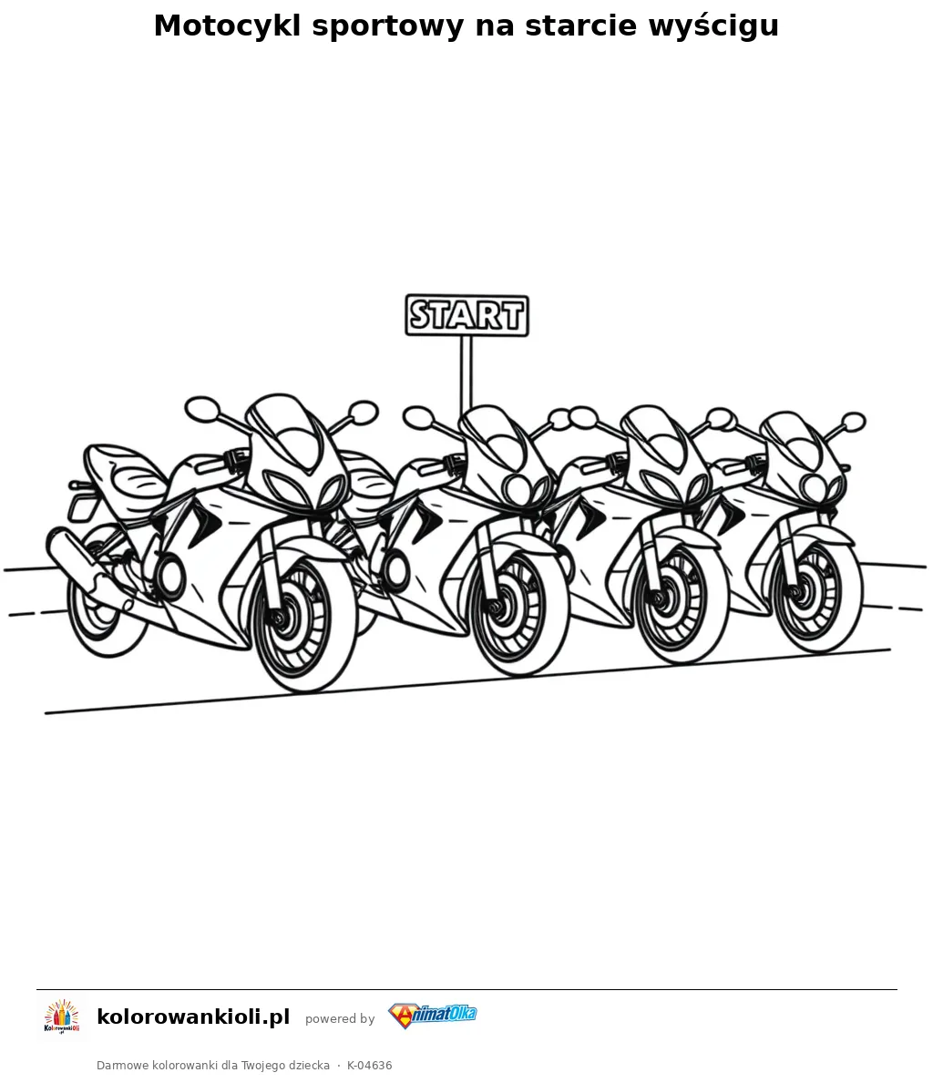 Motocykl sportowy na starcie wyścigu — kolorowanka do wydruku dla dzieci