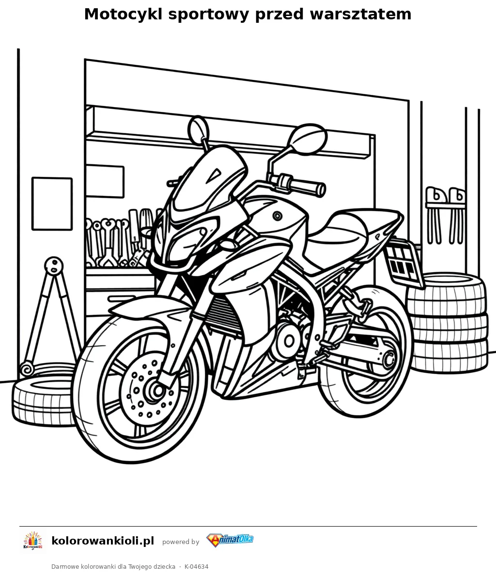 Motocykl sportowy przed warsztatem — kolorowanka do wydruku dla dzieci