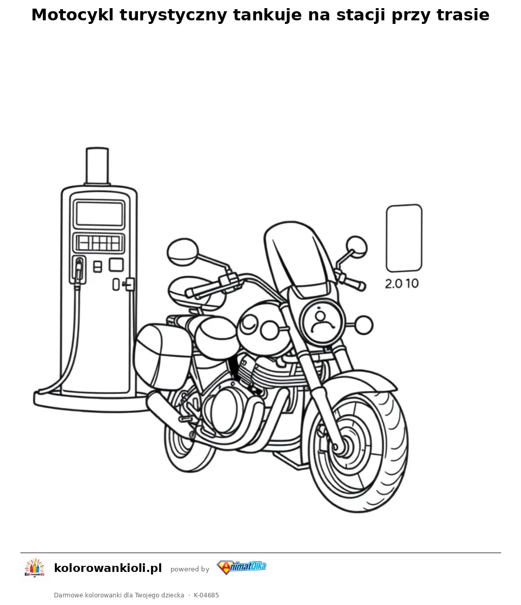 Motocykl turystyczny tankuje na stacji przy trasie — kolorowanka do wydruku dla dzieci