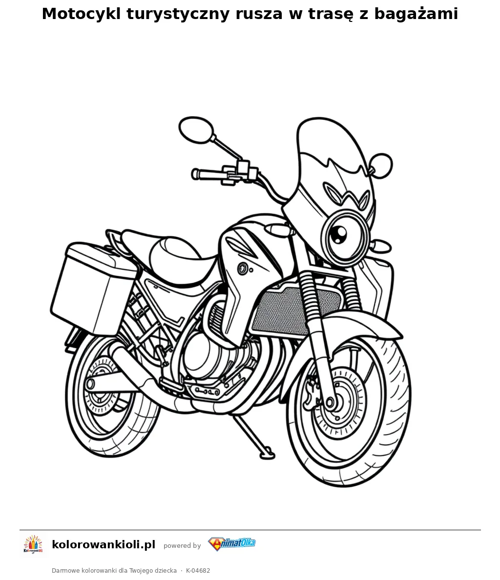 Motocykl turystyczny rusza w trasę z bagażami — kolorowanka do wydruku dla dzieci