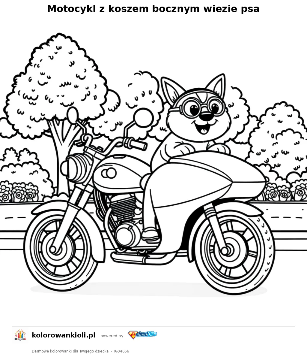 Motocykl z koszem bocznym wiezie psa — kolorowanka do wydruku dla dzieci