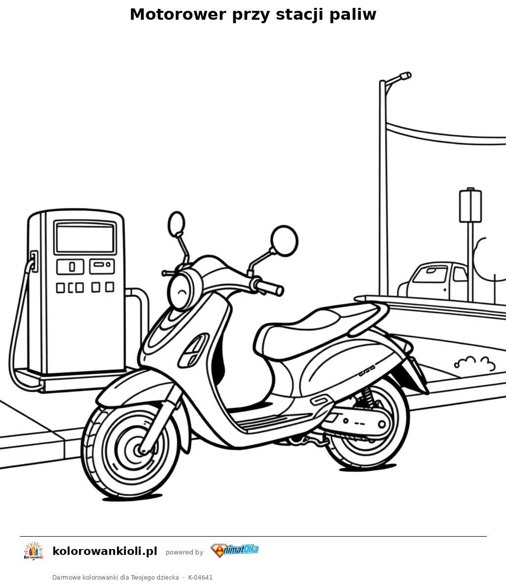 Motorower przy stacji paliw — kolorowanka do wydruku dla dzieci