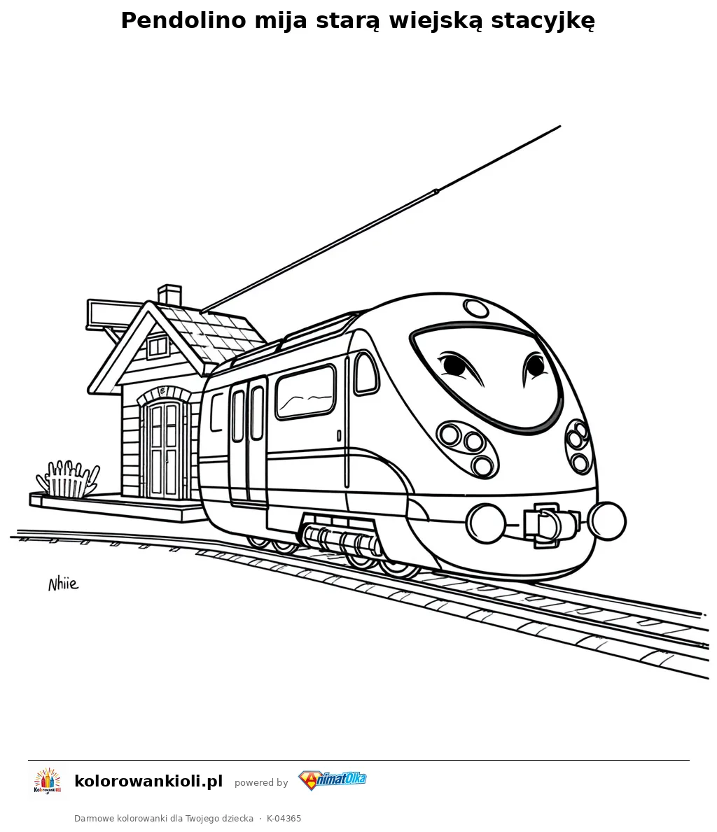 Pendolino mija starą wiejską stacyjkę — kolorowanka do wydruku dla dzieci
