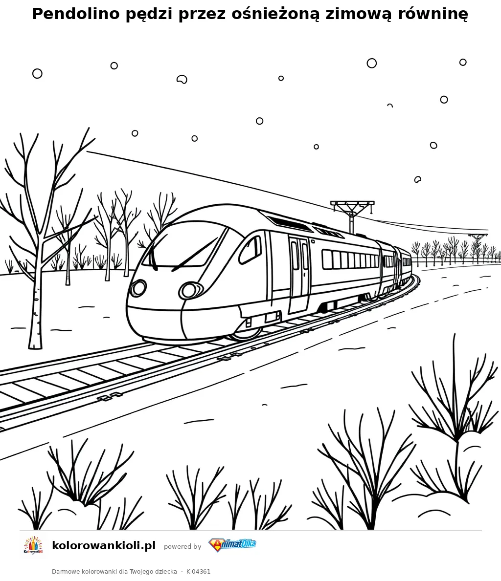 Pendolino pędzi przez ośnieżoną zimową równinę — kolorowanka do wydruku dla dzieci