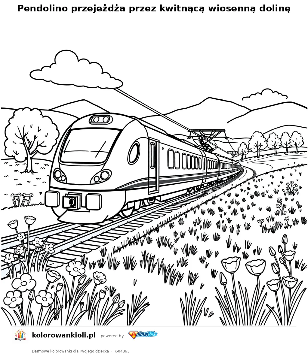 Pendolino przejeżdża przez kwitnącą wiosenną dolinę — kolorowanka do wydruku dla dzieci