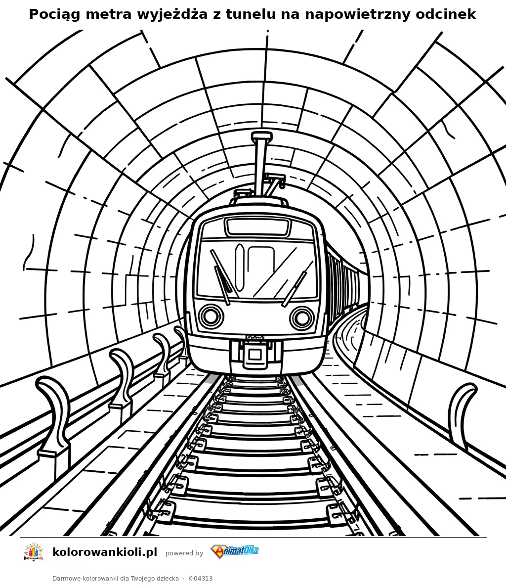 Pociąg metra wyjeżdża z tunelu na napowietrzny odcinek — kolorowanka do wydruku dla dzieci