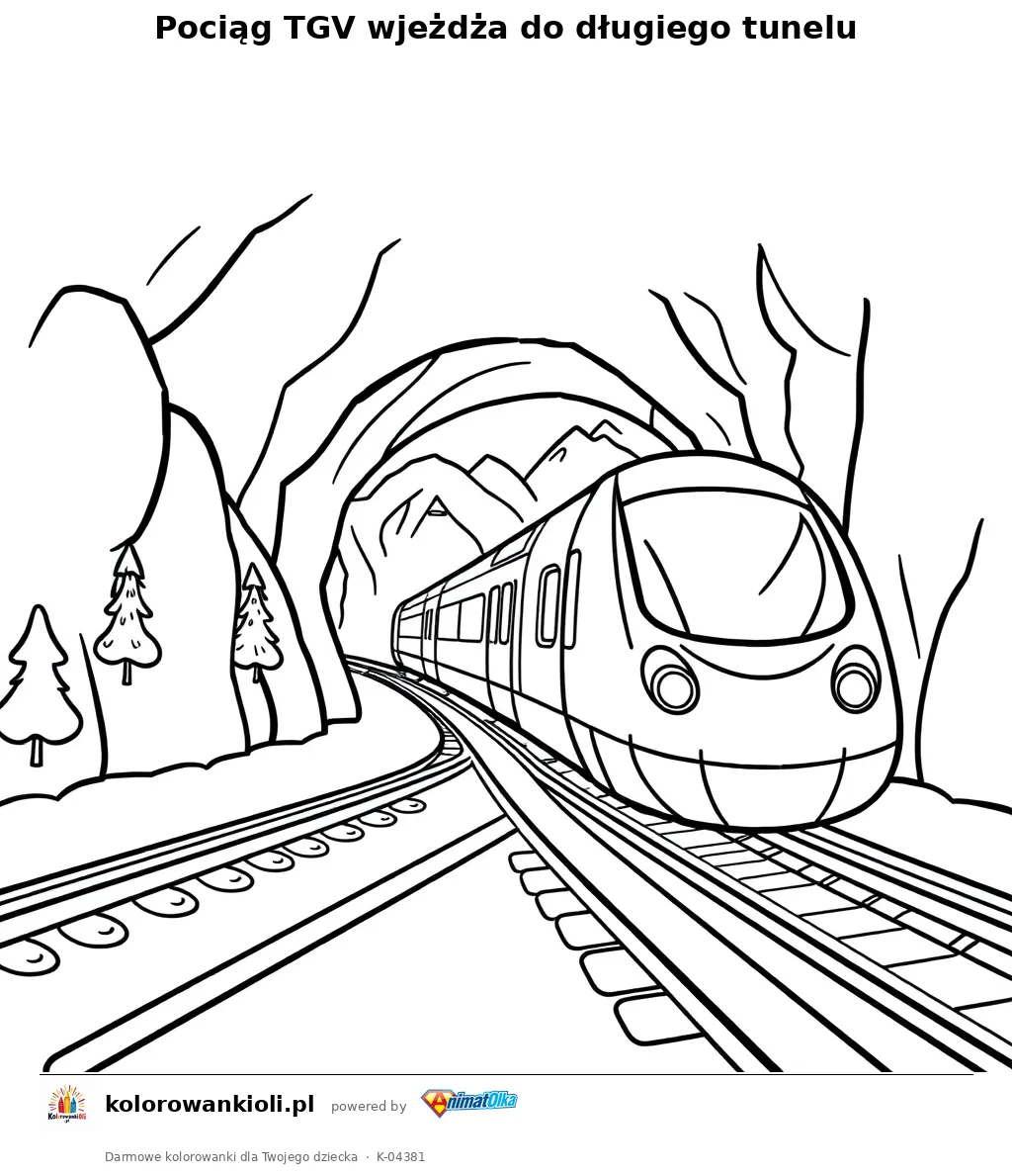 Pociąg TGV wjeżdża do długiego tunelu — kolorowanka do wydruku dla dzieci