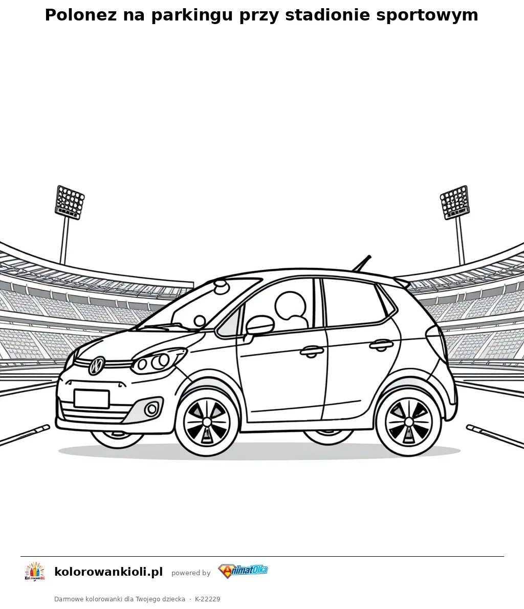 Polonez na parkingu przy stadionie sportowym — kolorowanka do wydruku dla dzieci