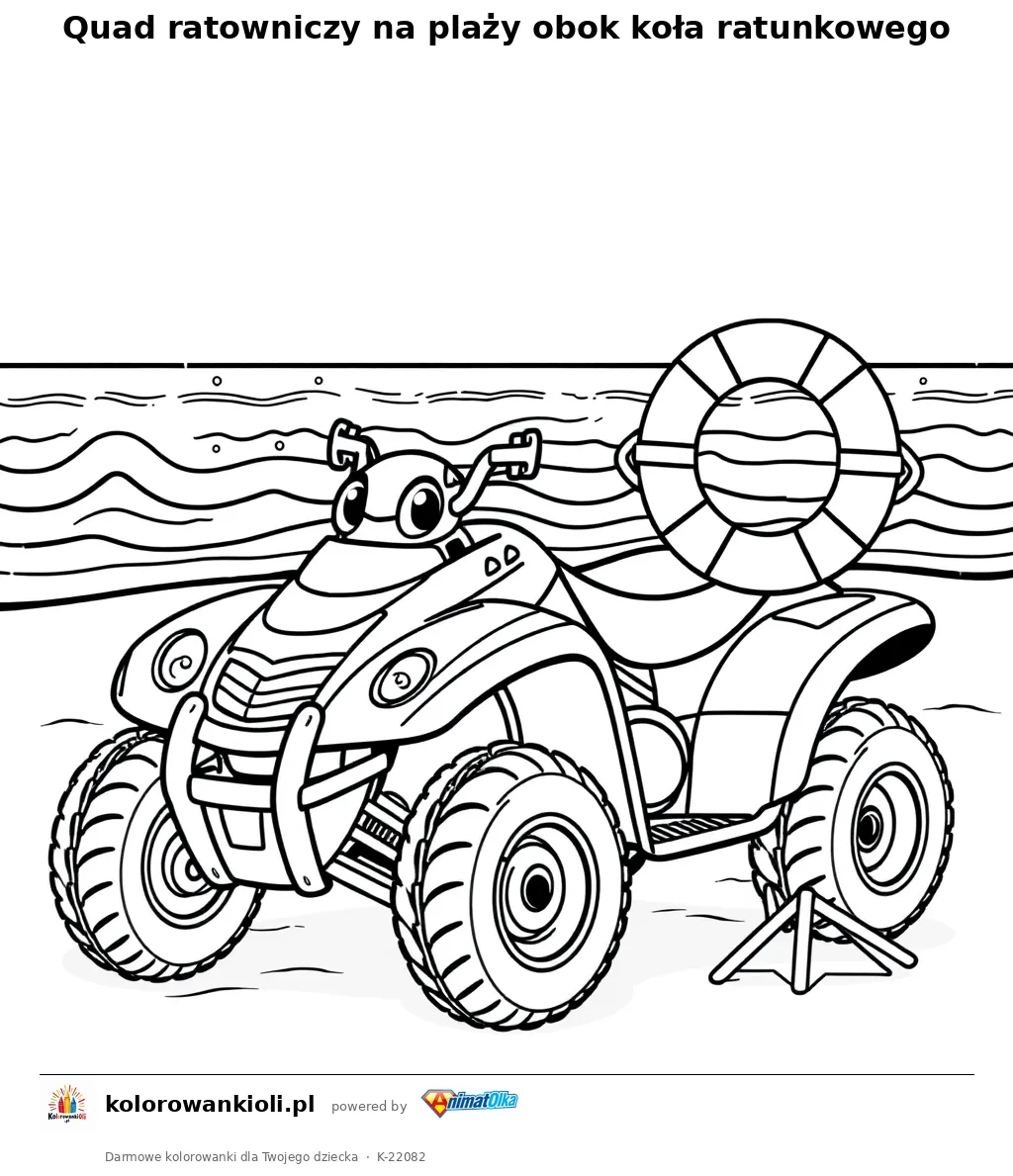 Quad ratowniczy na plaży obok koła ratunkowego — kolorowanka do wydruku dla dzieci