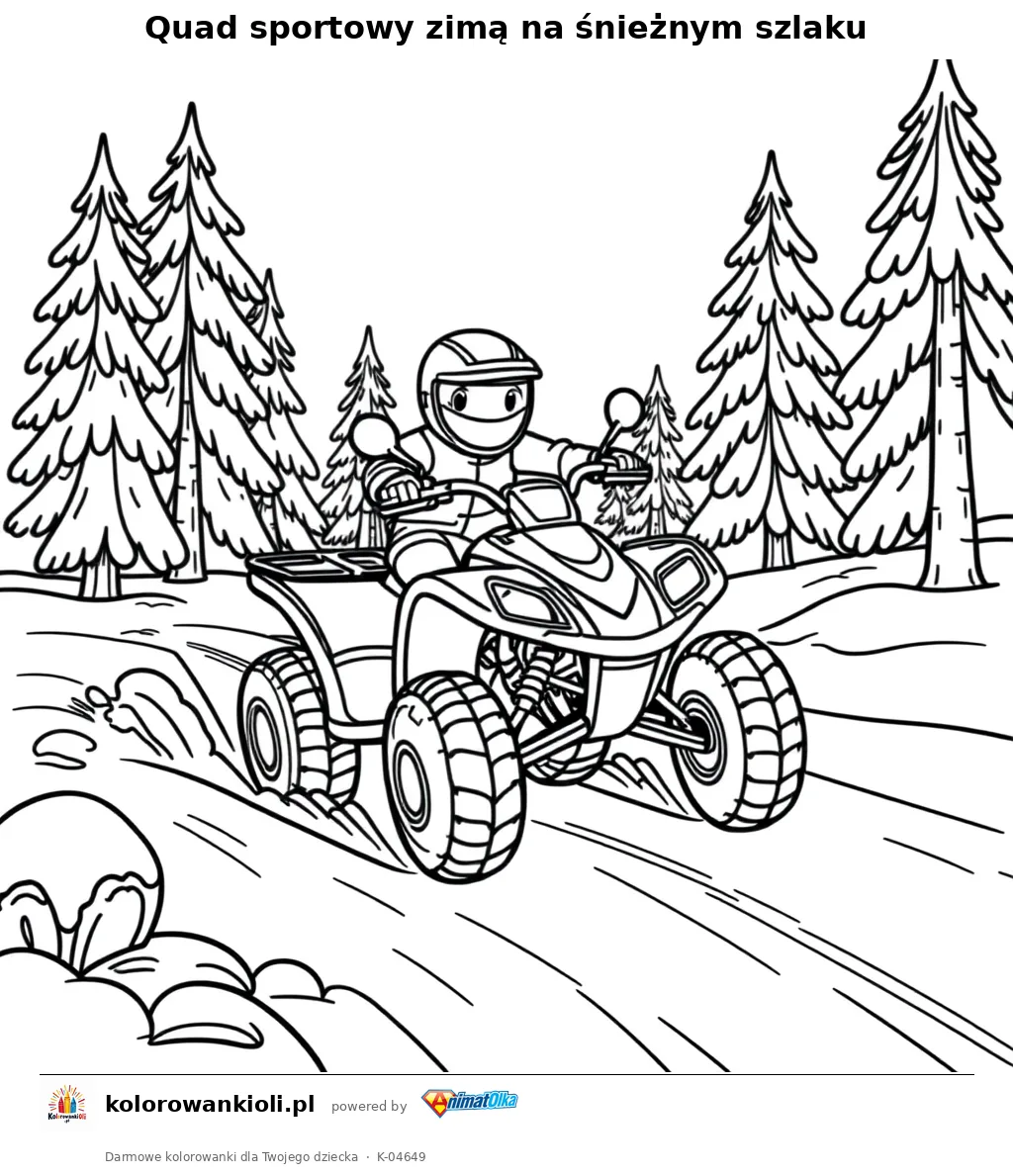 Quad sportowy zimą na śnieżnym szlaku — kolorowanka do wydruku dla dzieci