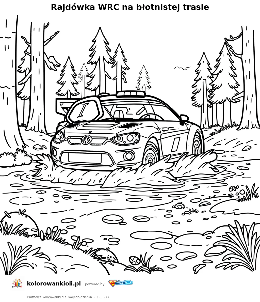 Rajdówka WRC na błotnistej trasie — kolorowanka do wydruku dla dzieci