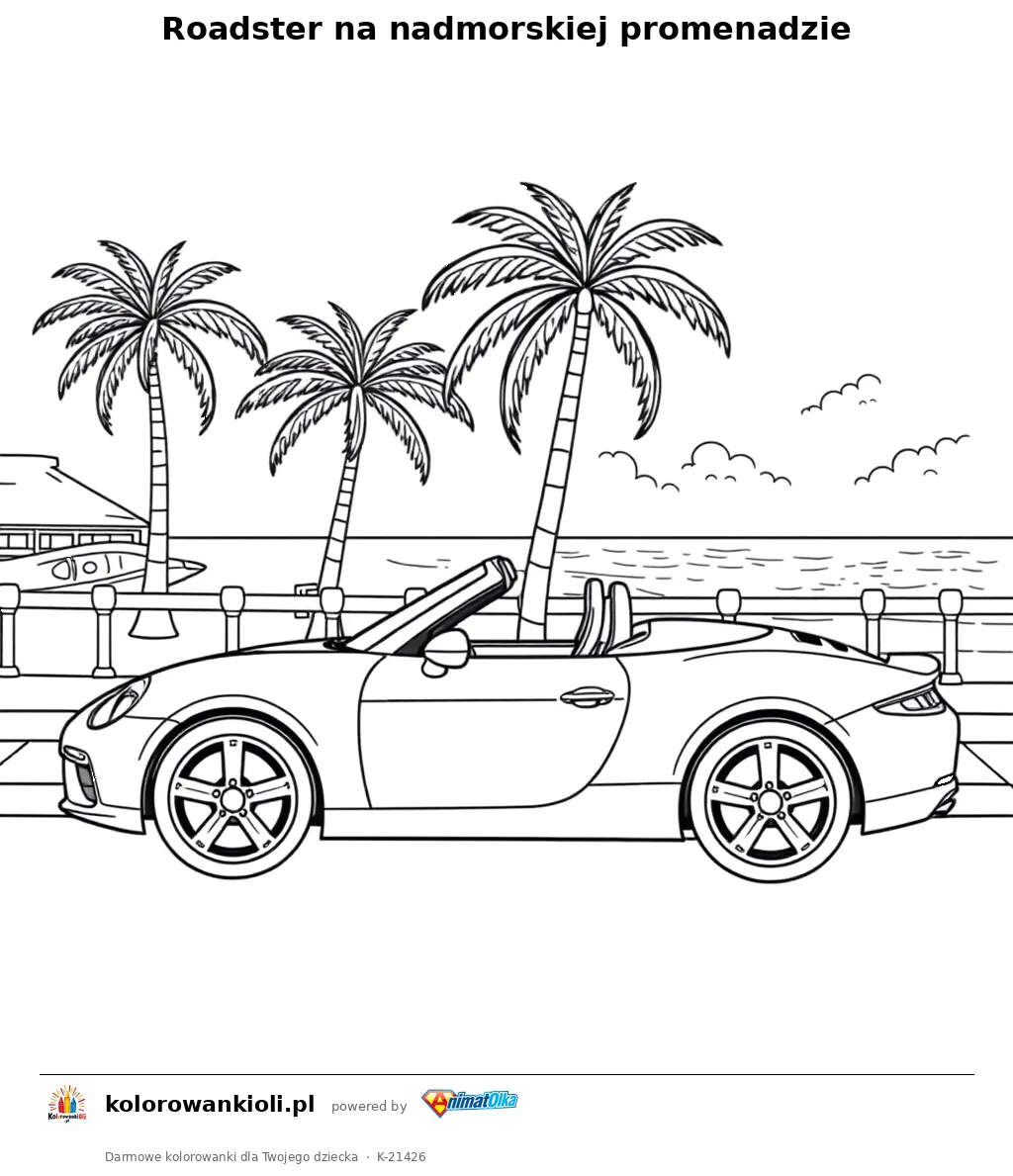 Roadster na nadmorskiej promenadzie — kolorowanka do wydruku dla dzieci