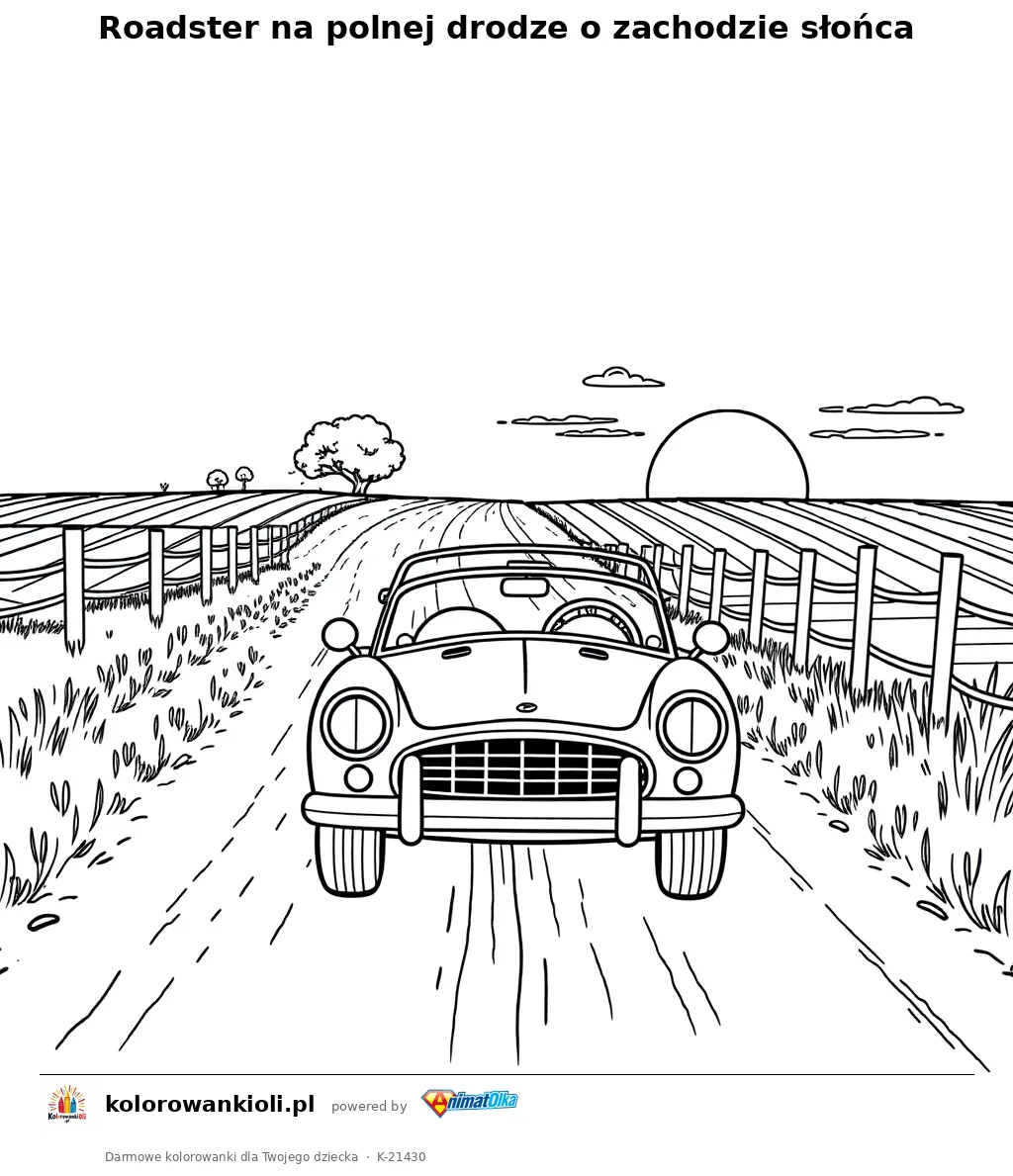 Roadster na polnej drodze o zachodzie słońca — kolorowanka do wydruku dla dzieci