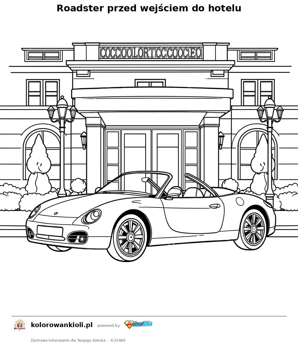 Roadster przed wejściem do hotelu — kolorowanka do wydruku dla dzieci