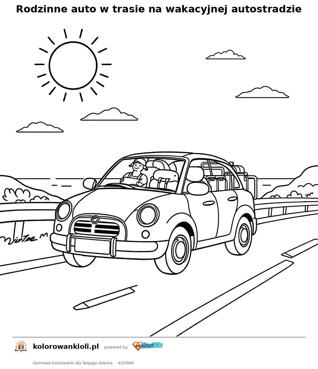 Rodzinne auto w trasie na wakacyjnej autostradzie — kolorowanka do wydruku dla dzieci