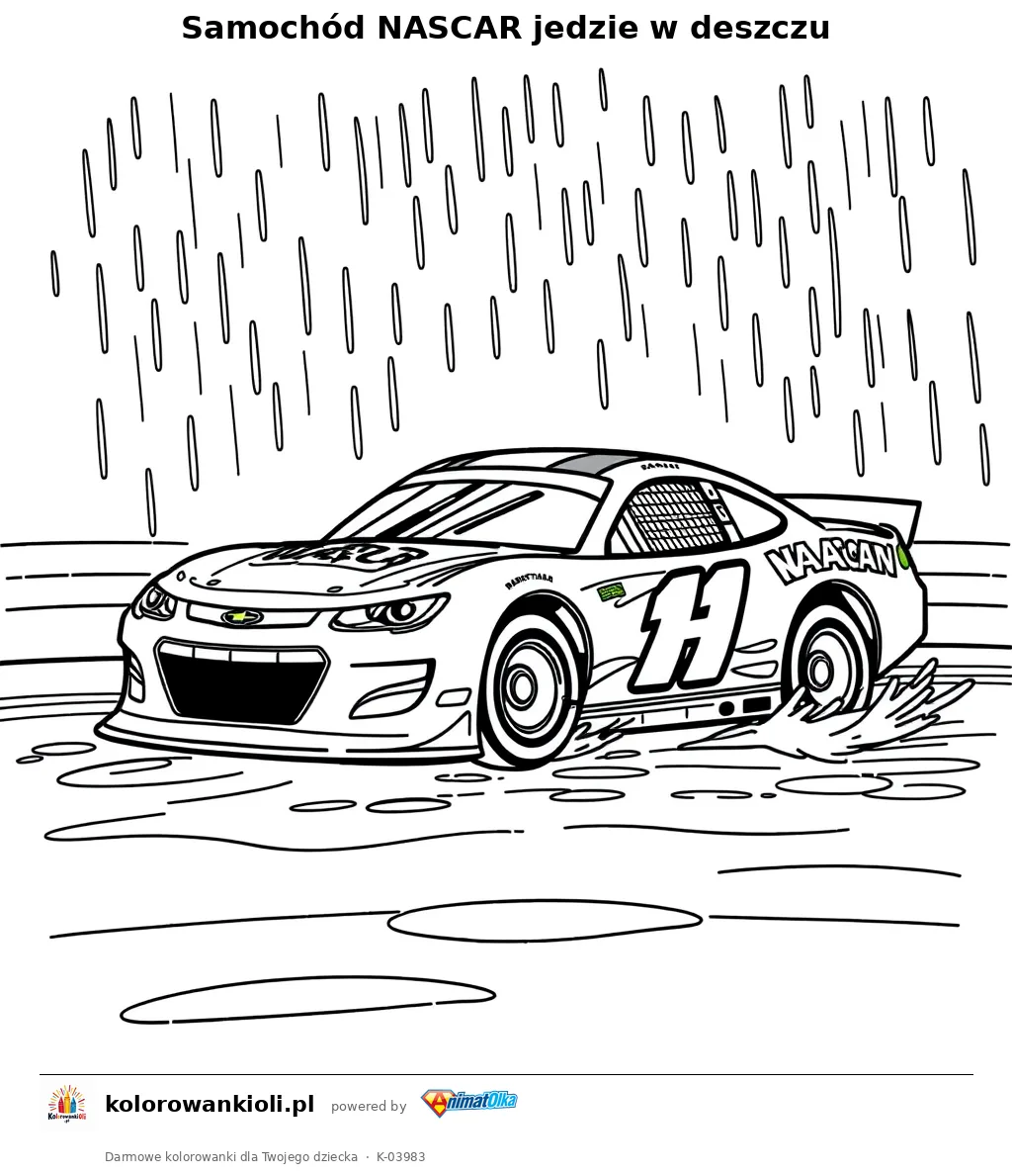 Samochód NASCAR jedzie w deszczu — kolorowanka do wydruku dla dzieci