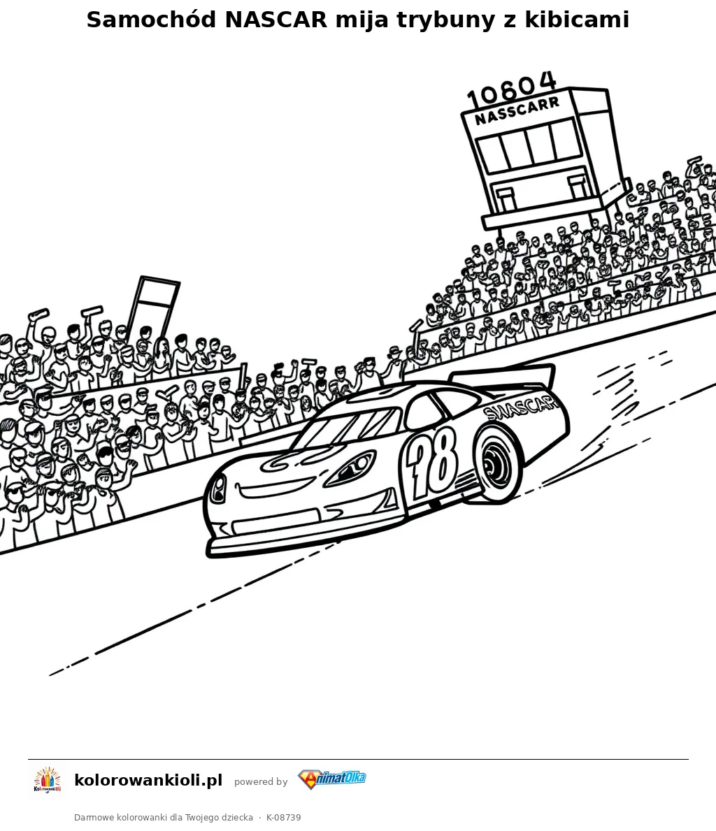 Samochód NASCAR mija trybuny z kibicami — kolorowanka do wydruku dla dzieci