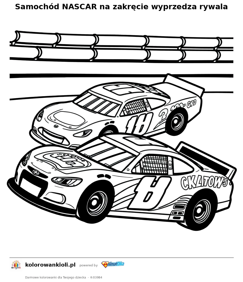 Samochód NASCAR na zakręcie wyprzedza rywala — kolorowanka do wydruku dla dzieci