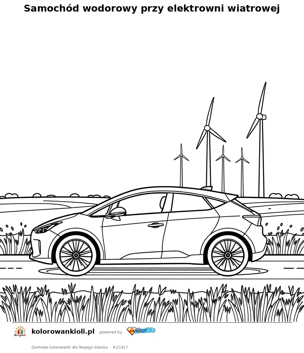 Samochód wodorowy przy elektrowni wiatrowej — kolorowanka do wydruku dla dzieci