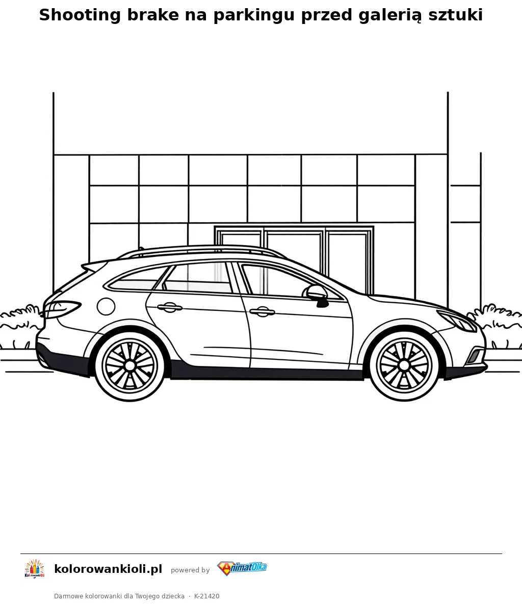 Shooting brake na parkingu przed galerią sztuki — kolorowanka do wydruku dla dzieci