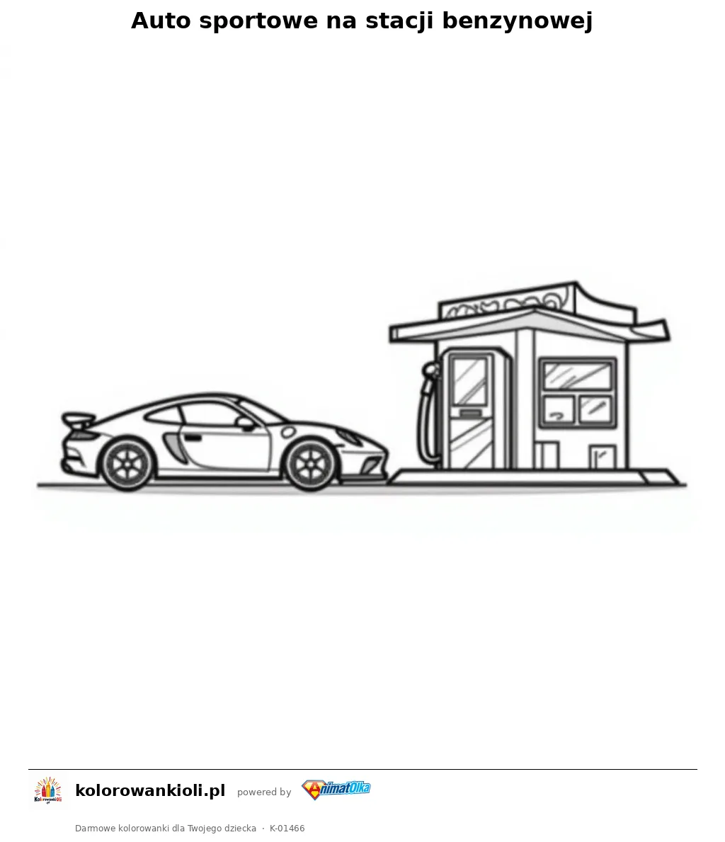 Auto sportowe na stacji benzynowej — kolorowanka do wydruku dla dzieci