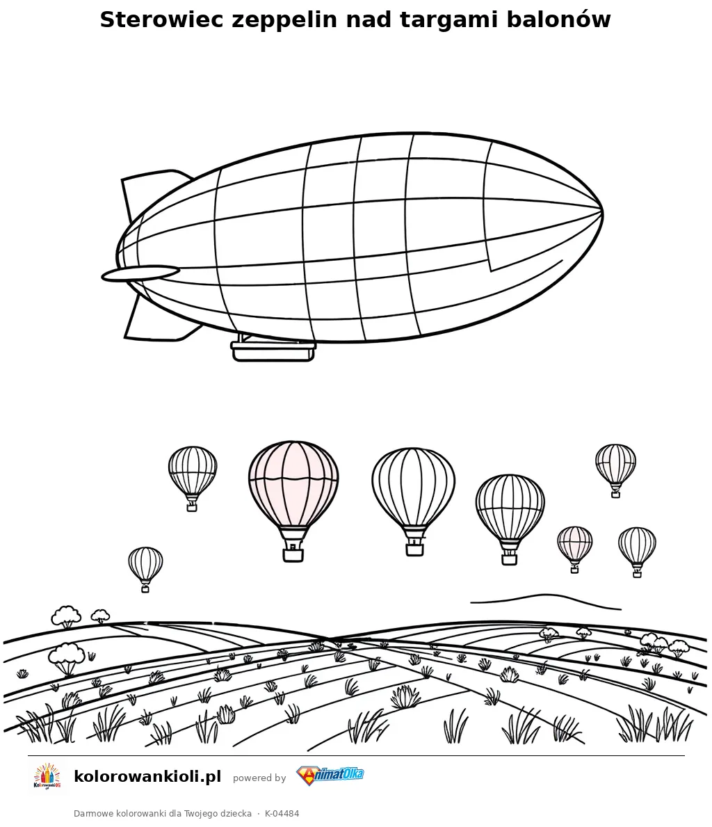 Sterowiec zeppelin nad targami balonów — kolorowanka do wydruku dla dzieci