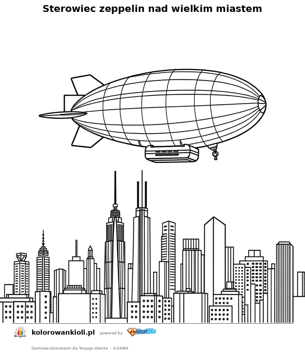Sterowiec zeppelin nad wielkim miastem — kolorowanka do wydruku dla dzieci