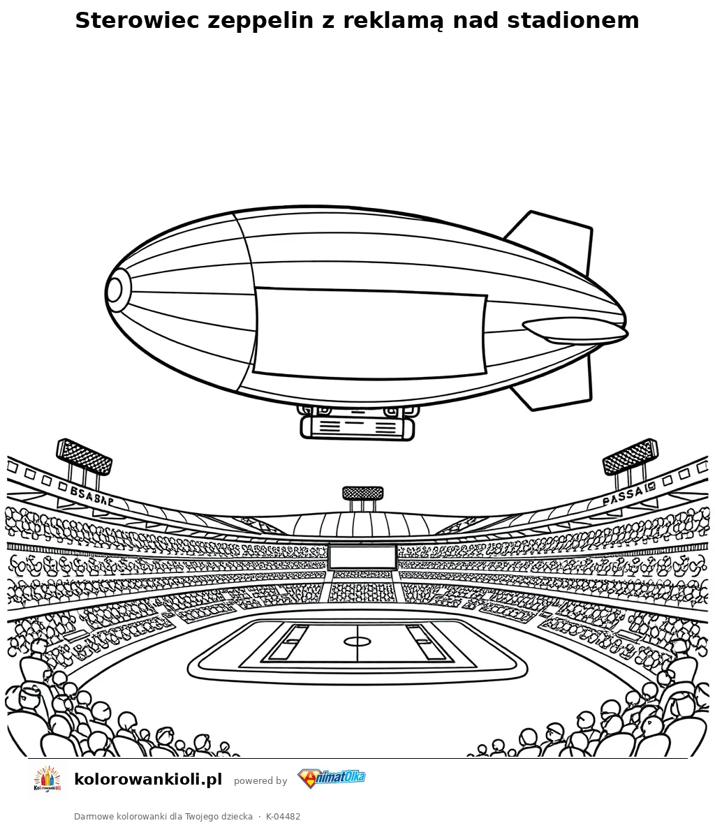 Sterowiec zeppelin z reklamą nad stadionem — kolorowanka do wydruku dla dzieci