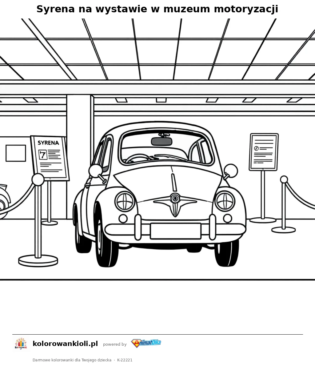 Syrena na wystawie w muzeum motoryzacji — kolorowanka do wydruku dla dzieci