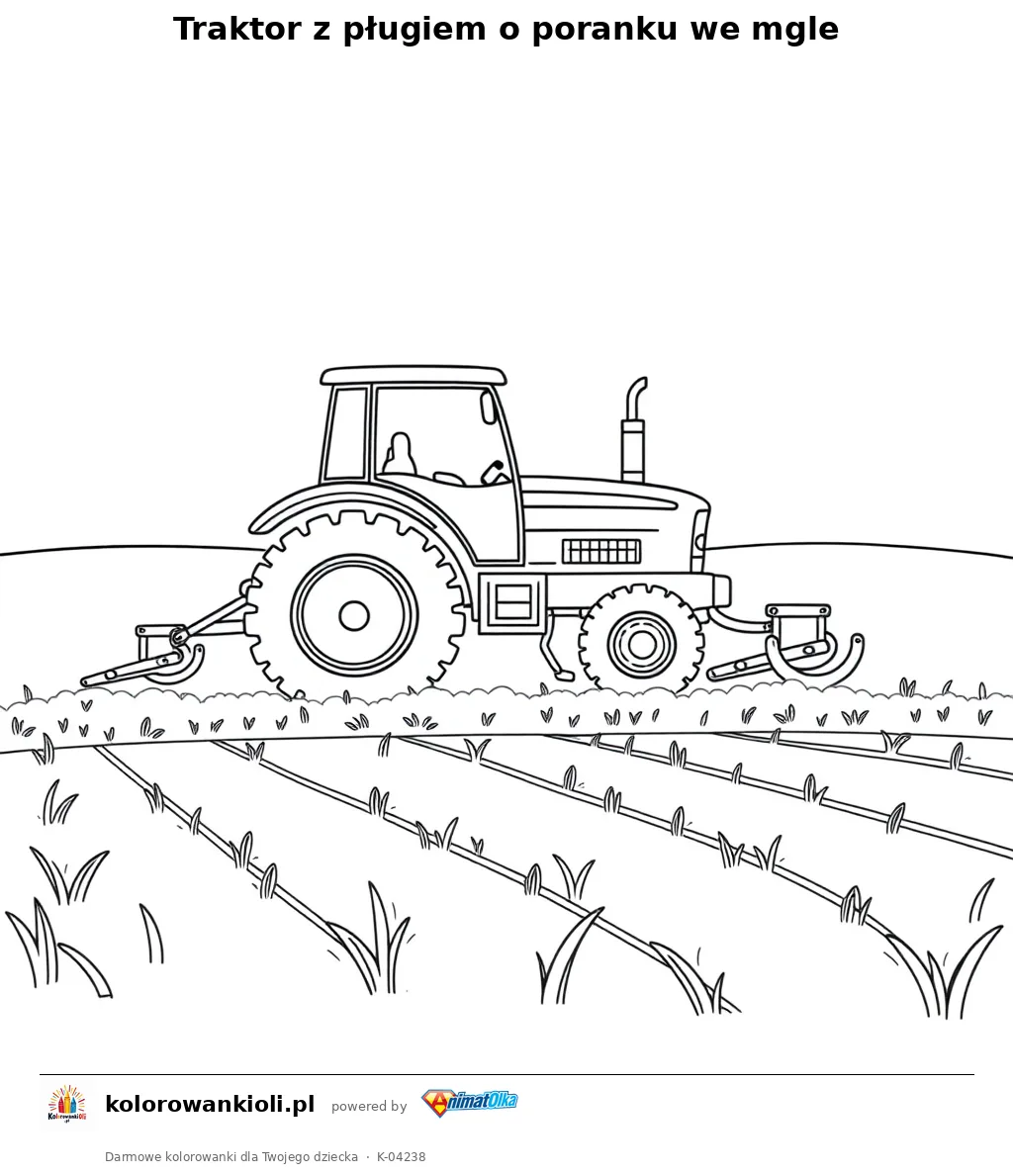 Traktor z pługiem o poranku we mgle — kolorowanka do wydruku dla dzieci