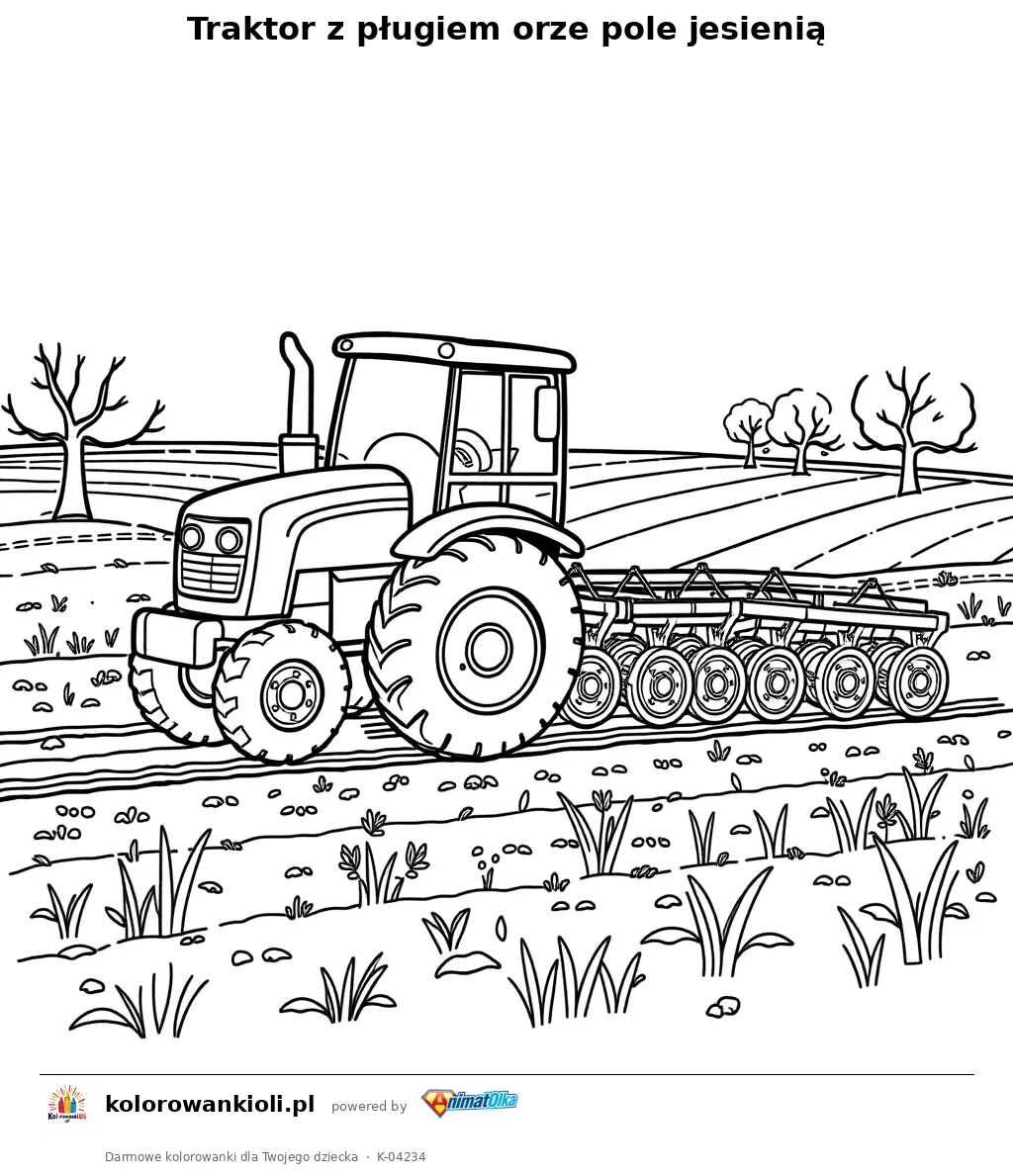 Traktor z pługiem orze pole jesienią — kolorowanka do wydruku dla dzieci