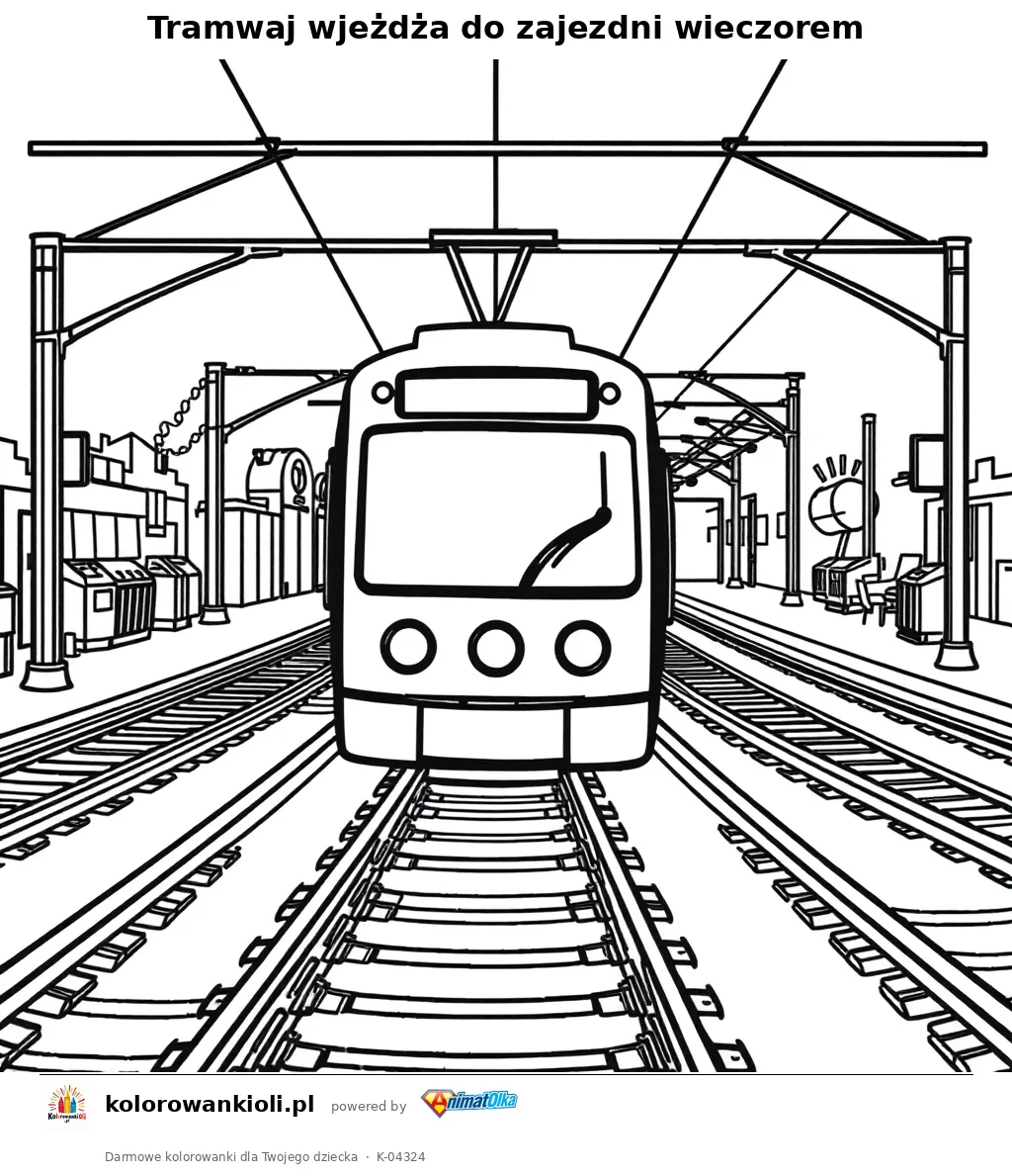 Tramwaj wjeżdża do zajezdni wieczorem — kolorowanka do wydruku dla dzieci