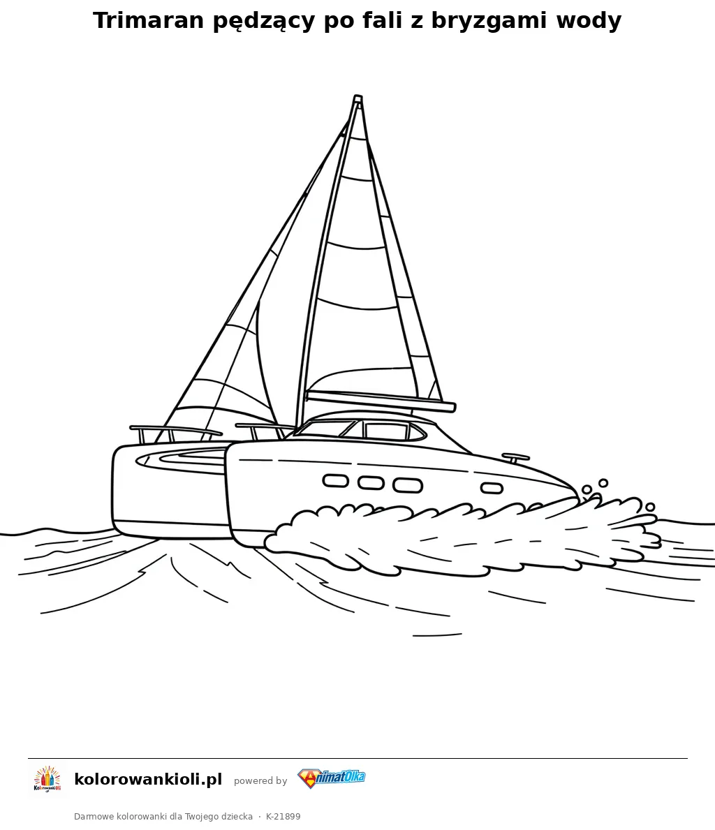 Trimaran pędzący po fali z bryzgami wody — kolorowanka do wydruku dla dzieci