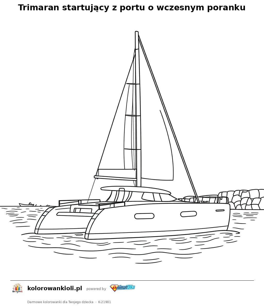 Trimaran startujący z portu o wczesnym poranku — kolorowanka do wydruku dla dzieci