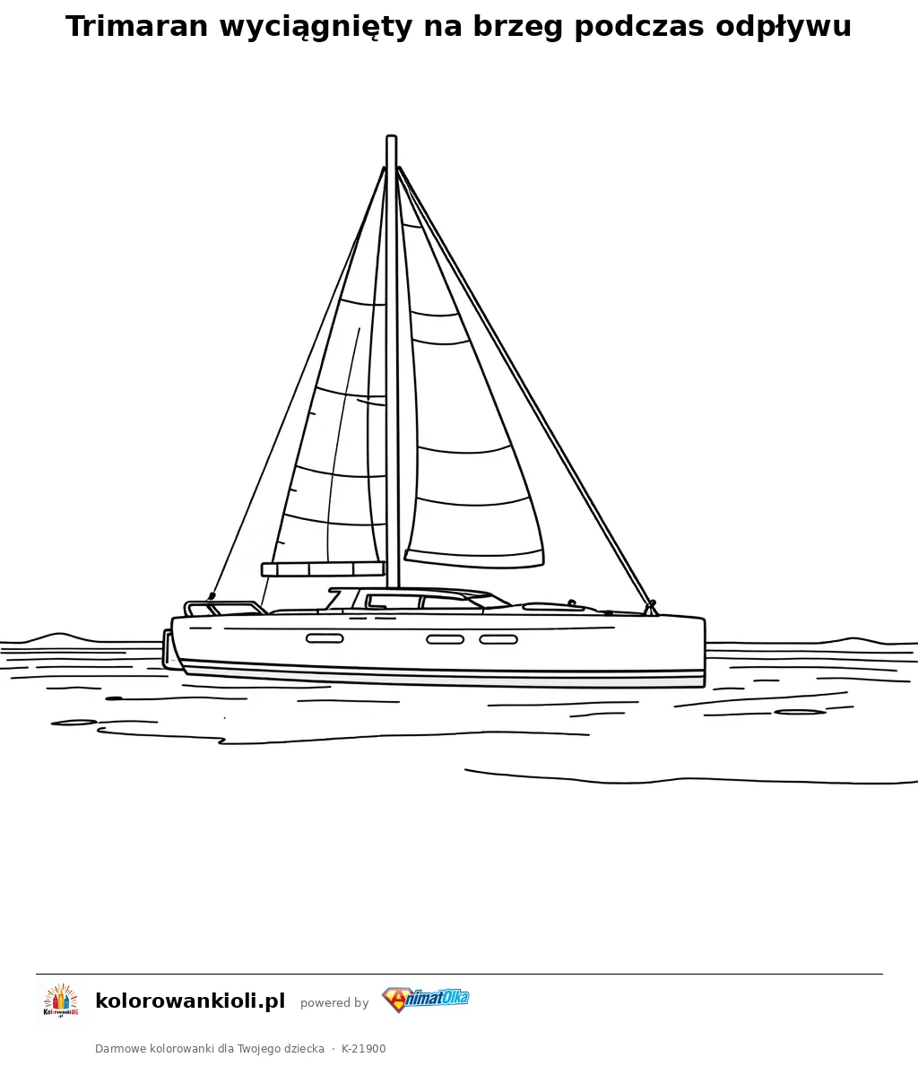 Trimaran wyciągnięty na brzeg podczas odpływu — kolorowanka do wydruku dla dzieci