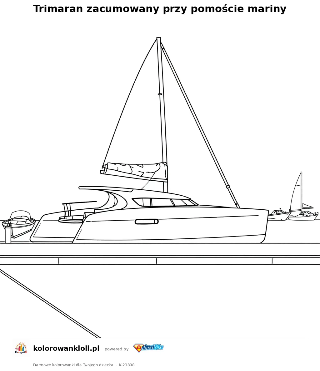 Trimaran zacumowany przy pomoście mariny — kolorowanka do wydruku dla dzieci