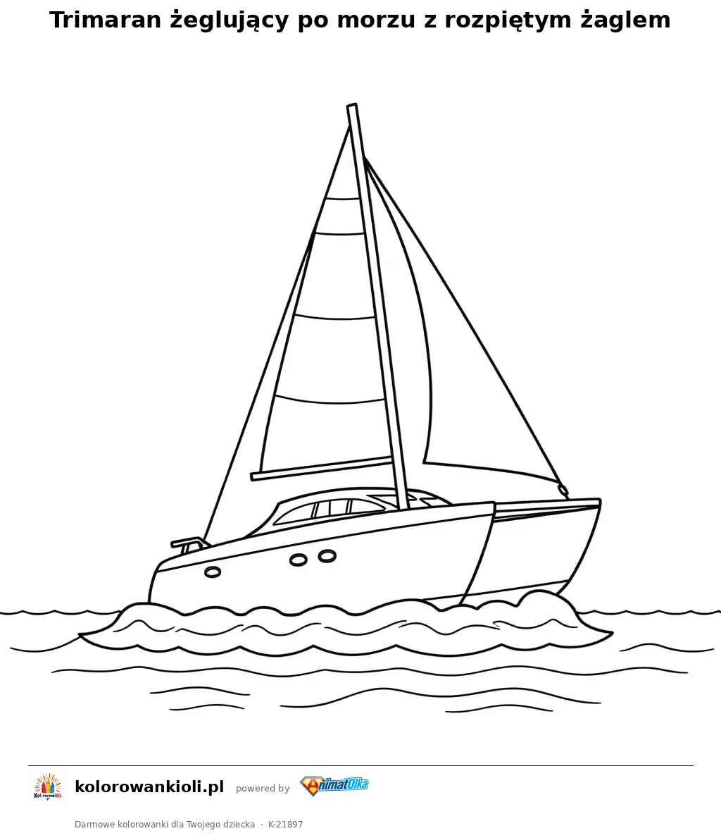 Trimaran żeglujący po morzu z rozpiętym żaglem — kolorowanka do wydruku dla dzieci