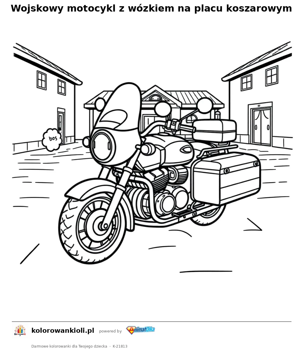 Wojskowy motocykl z wózkiem na placu koszarowym — kolorowanka do wydruku dla dzieci