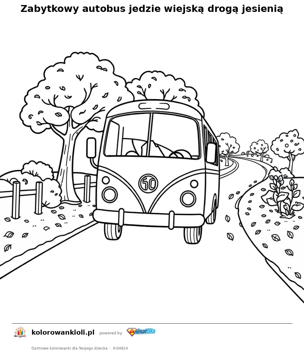 Zabytkowy autobus jedzie wiejską drogą jesienią — kolorowanka do wydruku dla dzieci