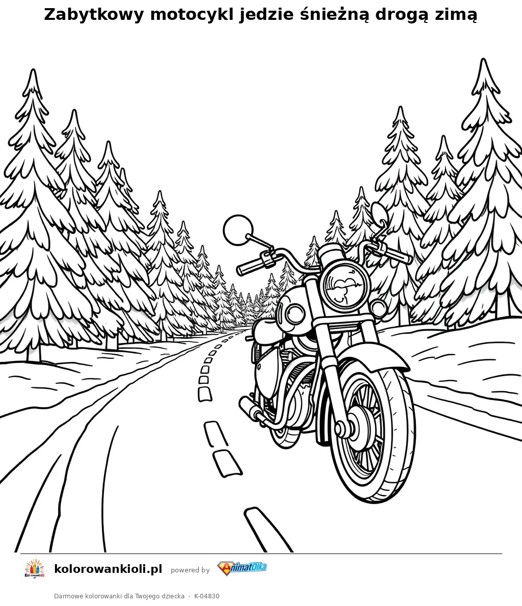 Zabytkowy motocykl jedzie śnieżną drogą zimą — kolorowanka do wydruku dla dzieci