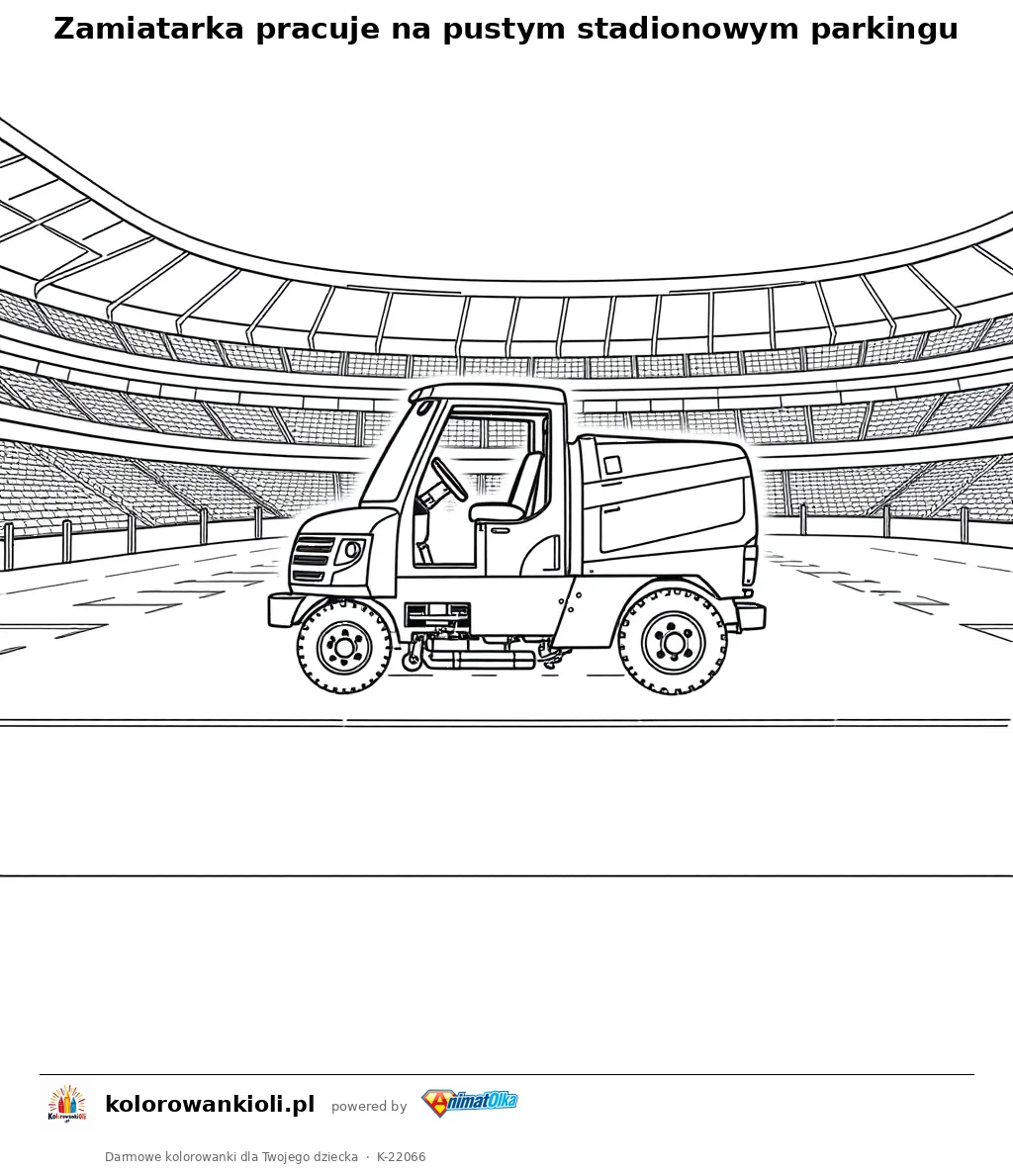 Zamiatarka pracuje na pustym stadionowym parkingu — kolorowanka do wydruku dla dzieci