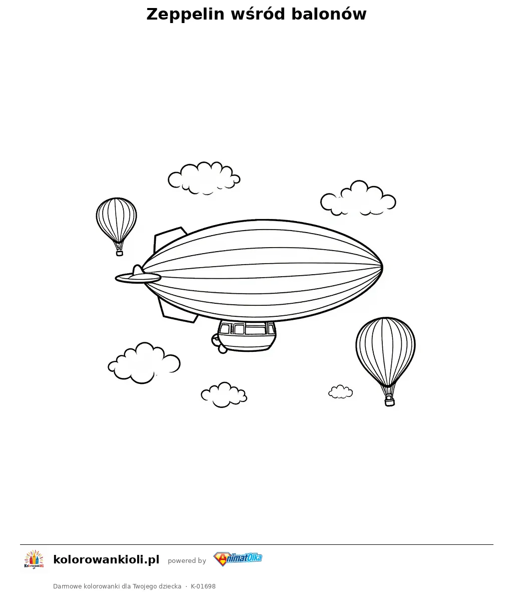 Zeppelin wśród balonów — kolorowanka do wydruku dla dzieci