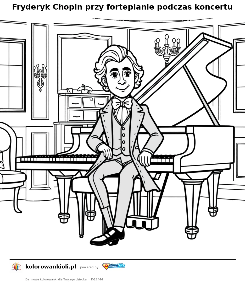 Fryderyk Chopin przy fortepianie podczas koncertu — kolorowanka do wydruku dla dzieci