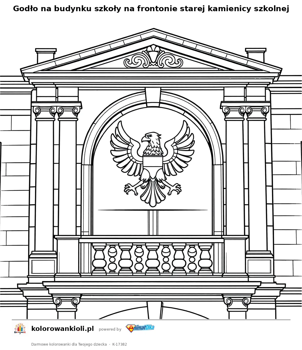 Godło na budynku szkoły na frontonie starej kamienicy szkolnej — kolorowanka do wydruku dla dzieci